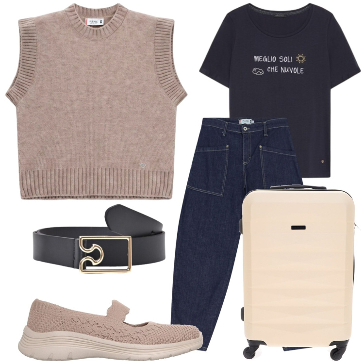 Outfit donna - Autunno. Stile Casual per Tutti i giorni. Abbinamento con t-shirt, jeans, maglieria, cinture, ballerine, valigie.