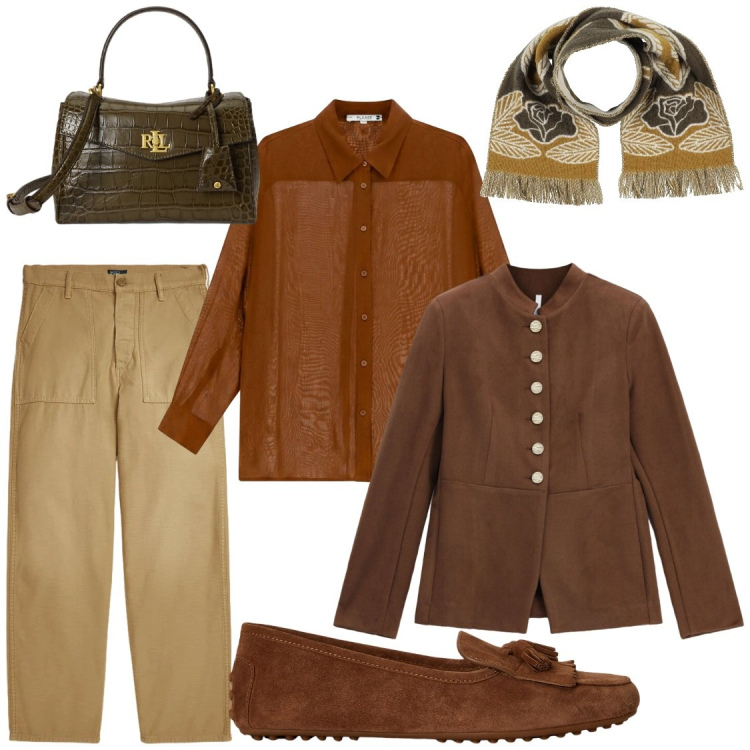 Outfit donna - In sintonia con l\'autunno. Stile Chic per Ufficio. Abbinamento con sciarpe, blazer, camicie, borse a mano, mocassini, pantaloni.