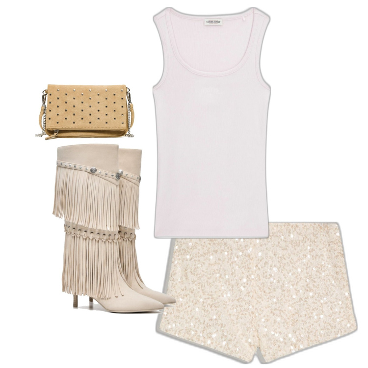 Outfit mujer - Trendy look. Estilo Trendy para Noche/Fiesta elegante. Combinación con shorts, botas, clutch, top.
