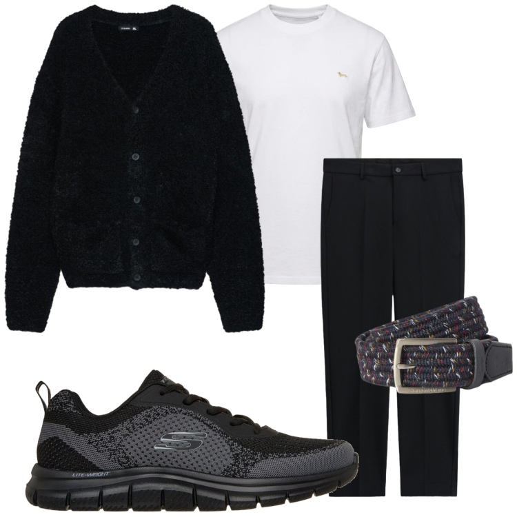 Outfit uomo - Aperitivo. Stile Casual per Tutti i giorni. Abbinamento con t-shirt, cinture, pantaloni, cardigans, sneakers.