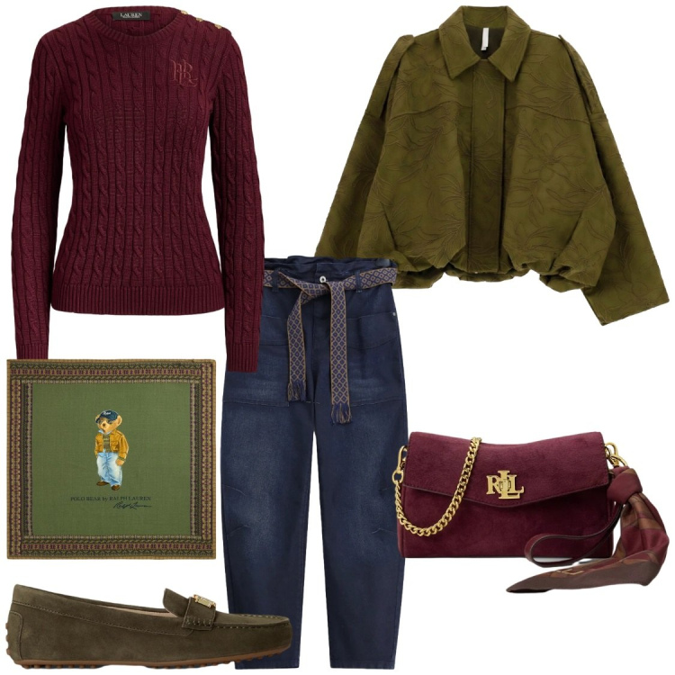 Outfit donna - I foulard da abbinare. Stile Chic per Ufficio. Abbinamento con bomber, mocassini, borse a tracolla, maglieria, foulard, jeans slim fit.