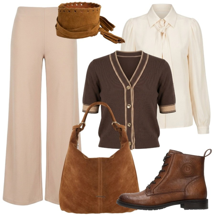 Outfit donna - Total look #2484952. Stile Trendy per Ufficio. Abbinamento con borse a spalla, pantaloni a palazzo, cardigans, camicie, cinture, anfibi.