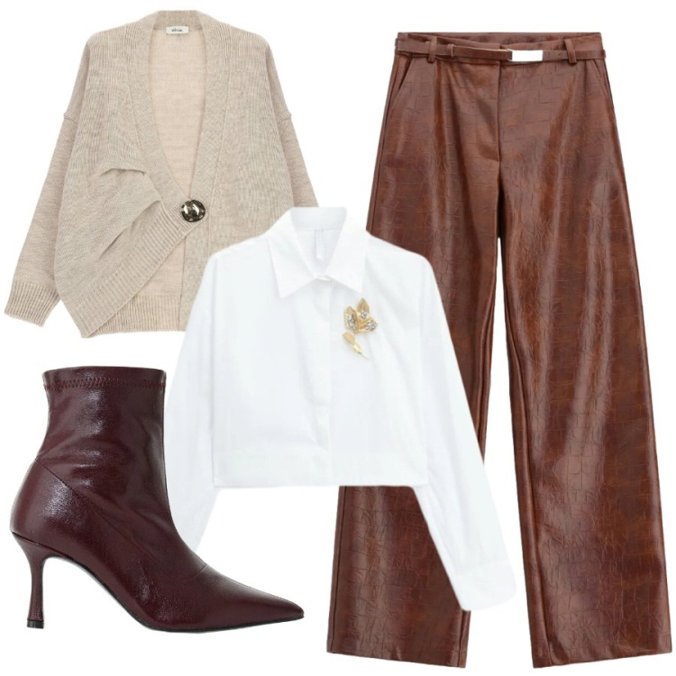 Outfit donna - Total look #2484955. Stile Trendy per Tutti i giorni. Abbinamento con pantaloni, camicie, stivaletti, cardigans.