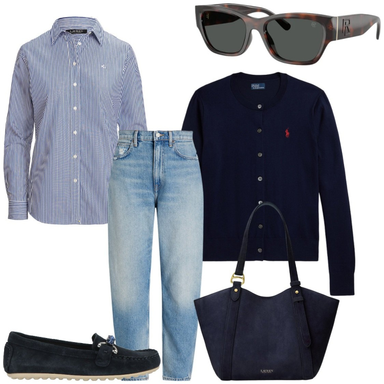 Outfit donna - I look intramontabili. Stile Casual chic per Tutti i giorni. Abbinamento con mocassini, jeans, occhiali da sole, cardigans, borse tote, camicie.