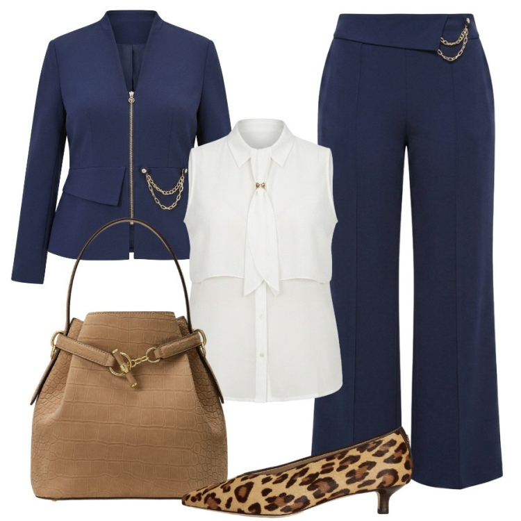Outfit donna - Il completo blu. Stile Sporty chic per Ufficio. Abbinamento con décolleté, borse a secchiello, camicie a manica corta, pantaloni a palazzo, blazer.