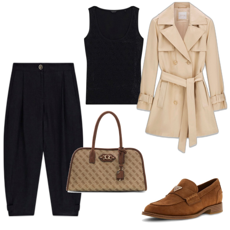Outfit mujer - Casual #9397. Estilo Casual para Todos los días. Combinación con camisetas sin mangas, trench, mocasines, pantalones, bolsos de mano.