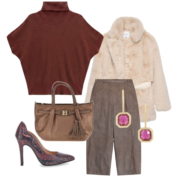 Outfit donna - Un pó vanitosa. Stile Glamour per Serata fuori. Abbinamento con cappotti, pullovers, pantaloni a palazzo, orecchini, borse a mano, décolleté.