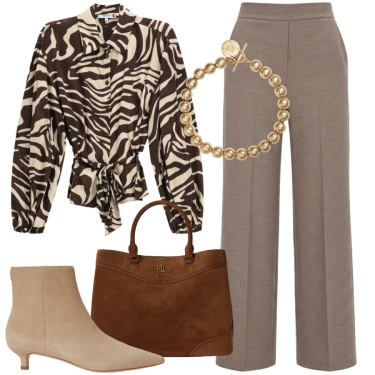 Outfit donna - Total look #2484970. Stile Sporty chic per Ufficio. Abbinamento con pantaloni, camicie, borse a mano, braccialetti, stivaletti.