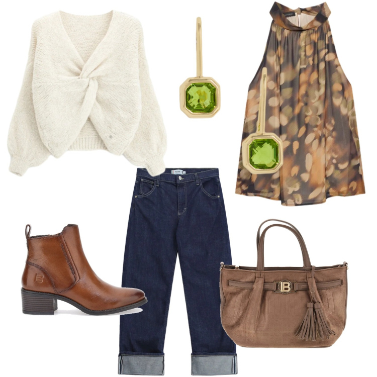 Outfit donna - Un pó vanitosa. Stile Glamour per Tutti i giorni. Abbinamento con jeans dritti, maglieria, bluse, orecchini, stivaletti, borse a mano.