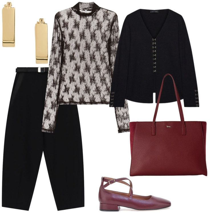 Outfit donna - Accessori bordeaux. per Tutti i giorni. Abbinamento con shopping bag, pantaloni, t-shirt, cardigans, orecchini, ballerine.