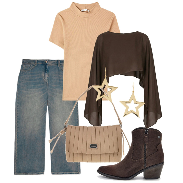 Outfit donna - Rich Espresso & Cream Warmth. Stile Casual chic per Tutti i giorni. Abbinamento con orecchini, jeans, top, t-shirt, pochette, stivaletti texani.