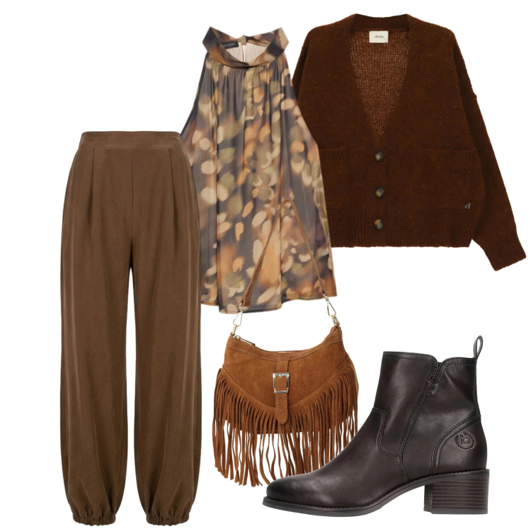 Outfit donna - Rich Espresso & Cream Warmth. Stile Chic per Tutti i giorni. Abbinamento con bluse, borse a spalla, cardigans, pantaloni, stivaletti.
