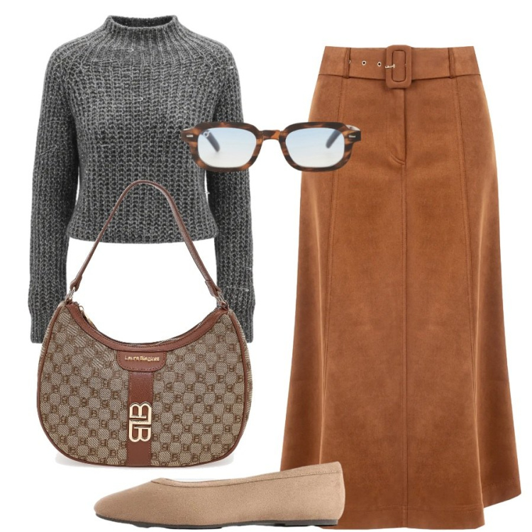 Outfit donna - Con le ballerine. Stile Sporty chic per Tutti i giorni. Abbinamento con occhiali da sole, gonne longuette, maglieria, borse a spalla, ballerine.