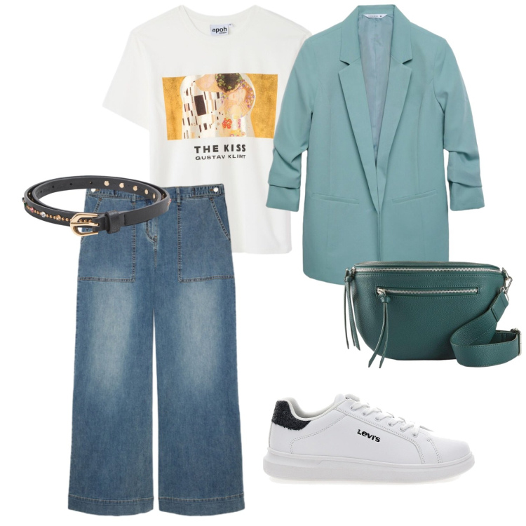 Outfit donna - Giornata in denim. per Tutti i giorni. Abbinamento con marsupi, blazer, cinture, t-shirt, jeans, sneakers.