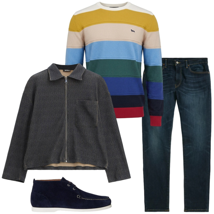 Outfit uomo - Il pull multicolor. Stile Casual per Tutti i giorni. Abbinamento con maglieria, cappotti, scarpe stringate, jeans.