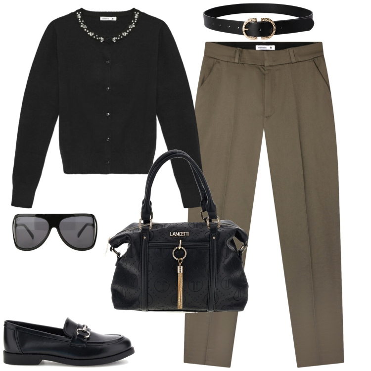Outfit donna - I chino fango in ufficio. Stile Bon Ton per Ufficio. Abbinamento con pantaloni chino, cardigans, cinture, occhiali da sole, borse a mano, mocassini.