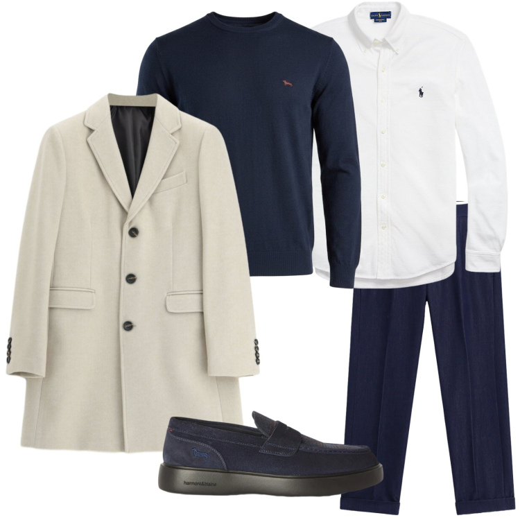 Outfit uomo - Layering urbano. Stile Trendy per Ufficio. Abbinamento con scarpe stringate, maglieria, cappotti, pantaloni, camicie.