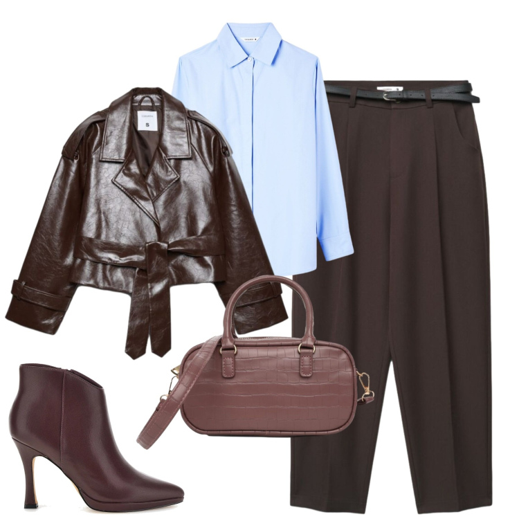 Outfit donna - I chino cacao. Stile Urban per Ufficio. Abbinamento con camicie, borse a tracolla, pantaloni chino, trench, stivaletti.