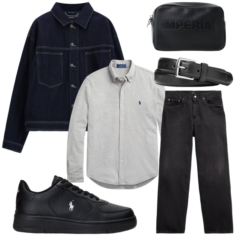Outfit uomo - Denim total. Stile Casual per Tutti i giorni. Abbinamento con cappotti, portafogli, sneakers, camicie, jeans, cinture.
