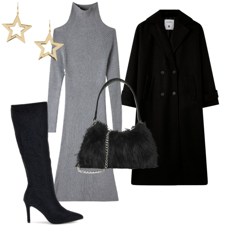 Outfit donna - Terranova autunno in citta. Stile Urban per Tutti i giorni. Abbinamento con vestiti midi/longuette, cappotti, borse a spalla, orecchini, stivali.