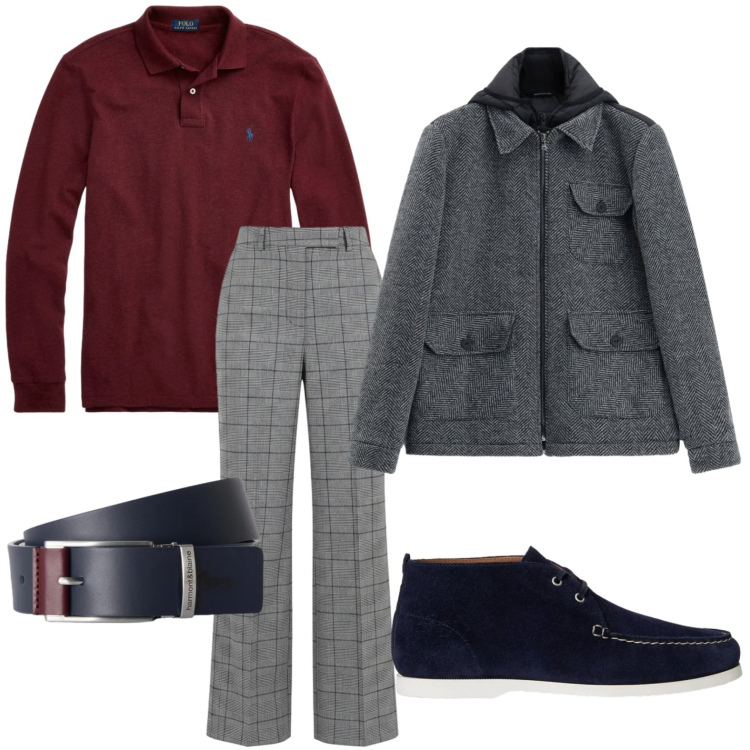 Outfit uomo - Sartoriale moderno. Stile Trendy per Tutti i giorni. Abbinamento con cinture, cappotti, polo, scarpe stringate, pantaloni.