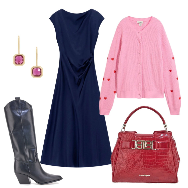 Outfit donna - La mia domenica in città. Stile Trendy per Tutti i giorni. Abbinamento con vestiti midi/longuette, orecchini, stivali, cardigans, borse a mano.