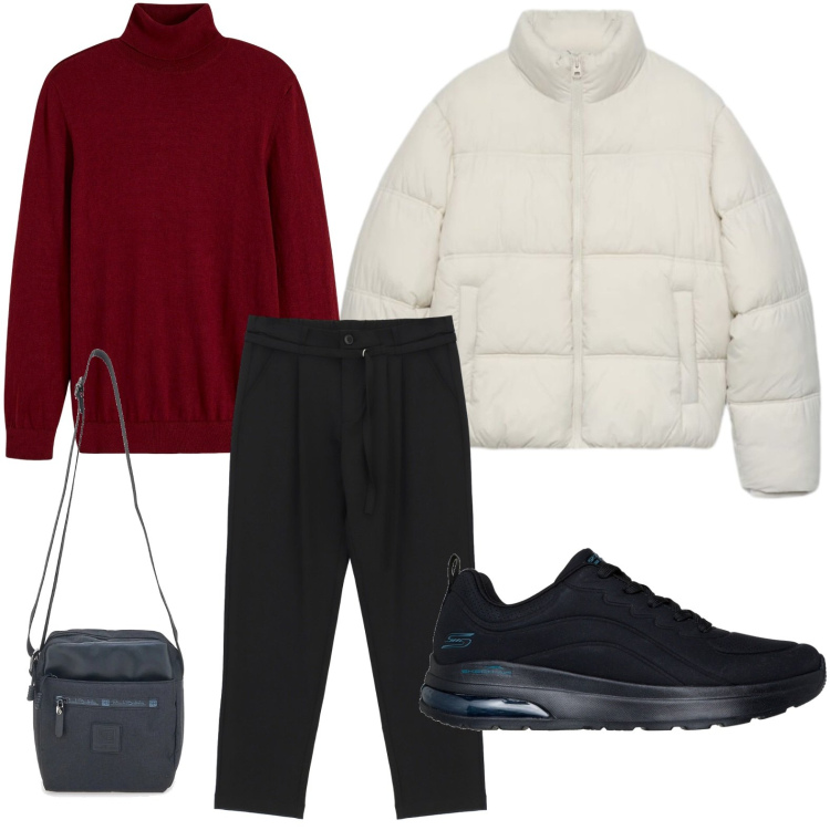 Outfit uomo - Smart casual. Stile Casual per Tutti i giorni. Abbinamento con pantaloni, piumini, maglieria, portafogli, sneakers.