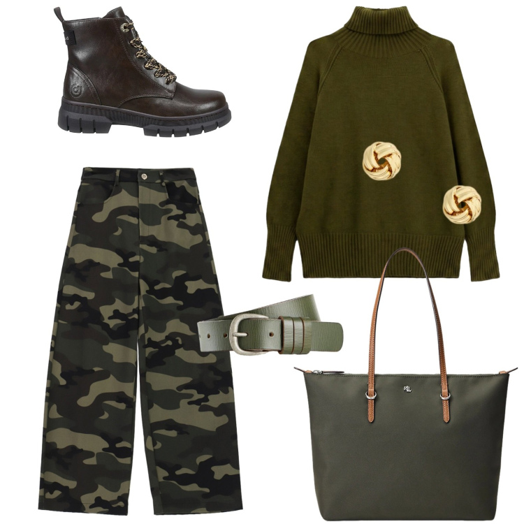 Outfit donna - Combat girl. Stile Casual per Tutti i giorni. Abbinamento con pullovers, pantaloni a palazzo, borse tote, orecchini, anfibi, cinture.