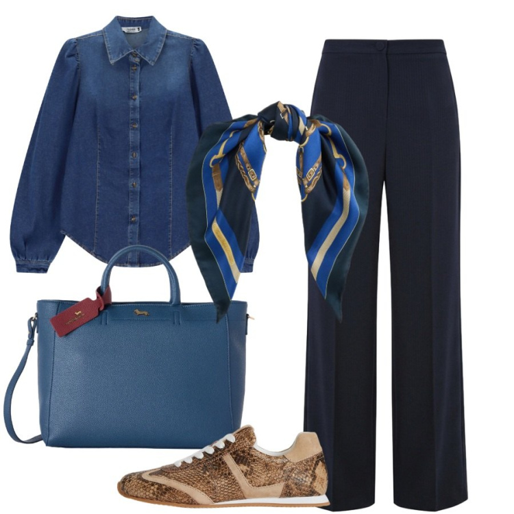 Outfit donna - Accessori in primo piano. Stile Sporty chic per Ufficio. Abbinamento con pantaloni a palazzo, borse a mano, camicie, sneakers, foulard.