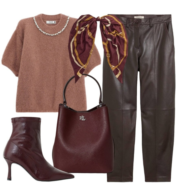 Outfit donna - Sofisticata senza eccessi. Stile Sporty chic per Ufficio. Abbinamento con stivaletti, foulard, borse a secchiello, maglieria, pantaloni.