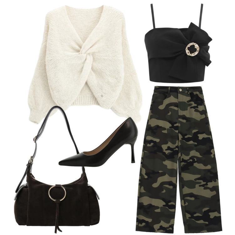 Outfit donna - Per il mio sabato sera. Stile Trendy per Serata fuori. Abbinamento con décolleté, borse a spalla, pantaloni a palazzo, maglieria, top.