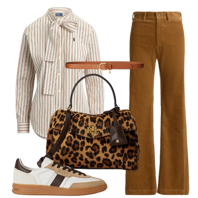 Outfit donna - Un quadro d\'autunno. Stile Sporty chic per Ufficio. Abbinamento con cinture, sneakers, borse a mano, pantaloni, camicie.