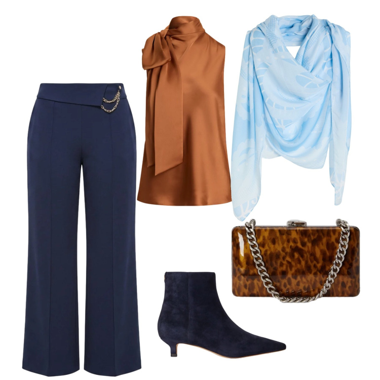 Outfit donna - Ci vediamo alle 19. Stile Chic per Serata fuori. Abbinamento con bluse, clutch, stivaletti, pantaloni a palazzo, sciarpe.