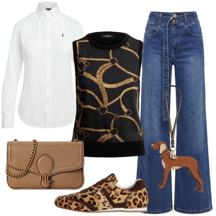 Outfit donna - A pranzo fuori. Stile Sporty chic per Tutti i giorni. Abbinamento con jeans, ciondoli, camicie, maglieria, borse a tracolla, sneakers.