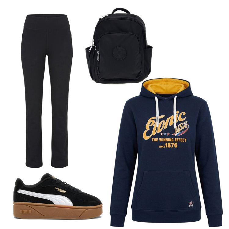 Outfit donna - Total look #2485023. Stile Sporty chic per Tutti i giorni. Abbinamento con felpe con cappuccio, sneakers, pantaloni, zaini.