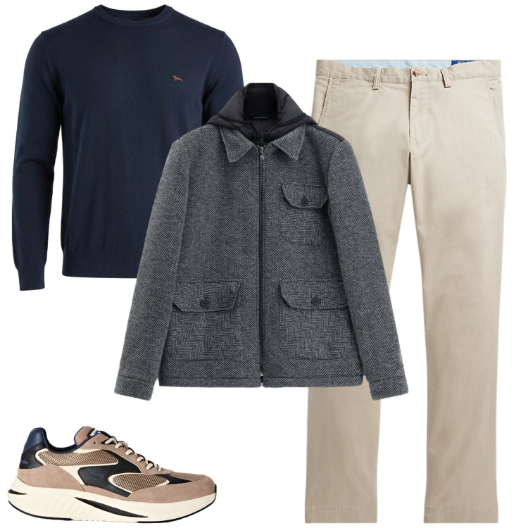 Outfit uomo - Comfy taupe e blu. Stile Urban per Tutti i giorni. Abbinamento con sneakers, maglieria, cappotti, pantaloni.