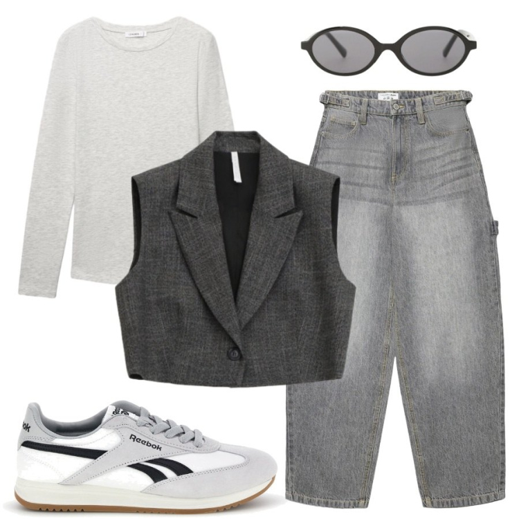 Outfit donna - In grigio. Stile Casual per Tutti i giorni. Abbinamento con t-shirt, jeans, occhiali da sole, gilet, sneakers.