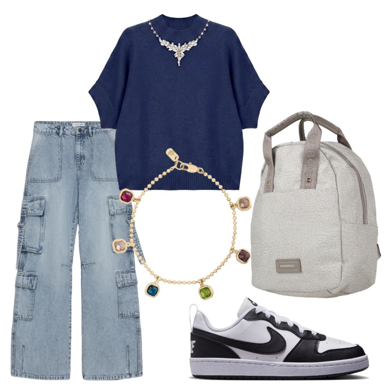 Outfit donna - Total look #2485033. Stile Casual chic per Tutti i giorni. Abbinamento con maglieria, braccialetti, zaini, jeans, sneakers.