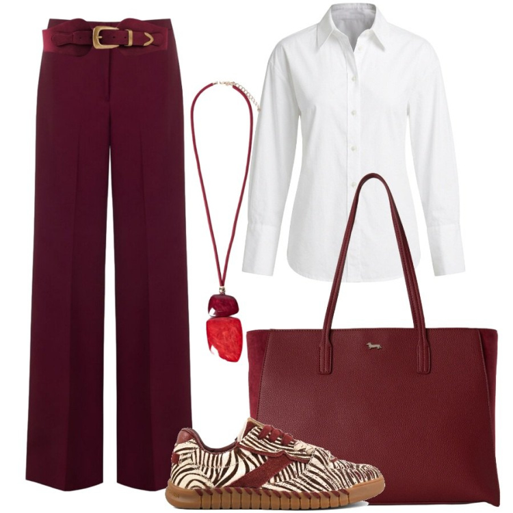 Outfit donna - Le sneakers. Stile Sporty chic per Ufficio. Abbinamento con cinture, pantaloni a palazzo, shopping bag, camicie, ciondoli, sneakers.