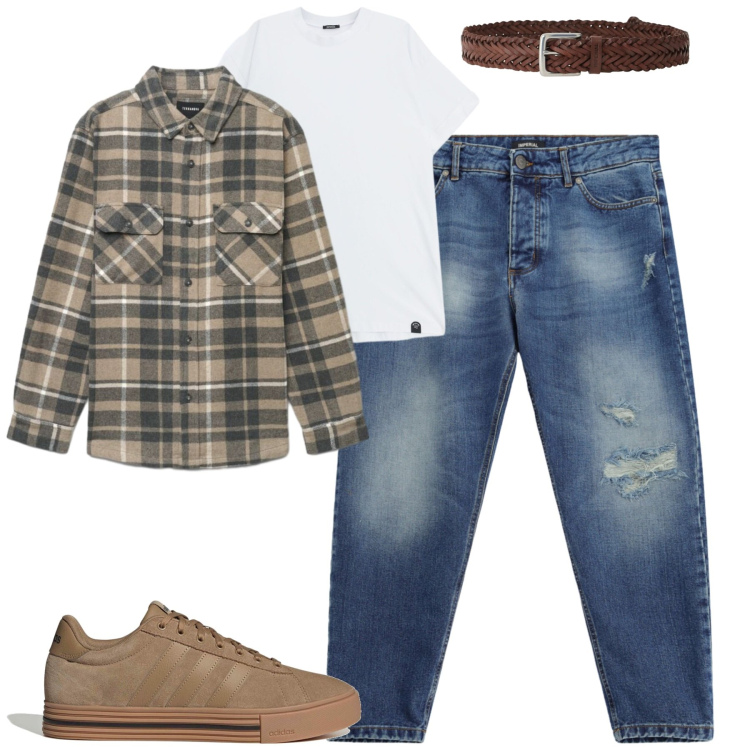 Outfit uomo - Weekend. Stile Casual per Tutti i giorni. Abbinamento con t-shirt, jeans strappati, cinture, camicie, sneakers.