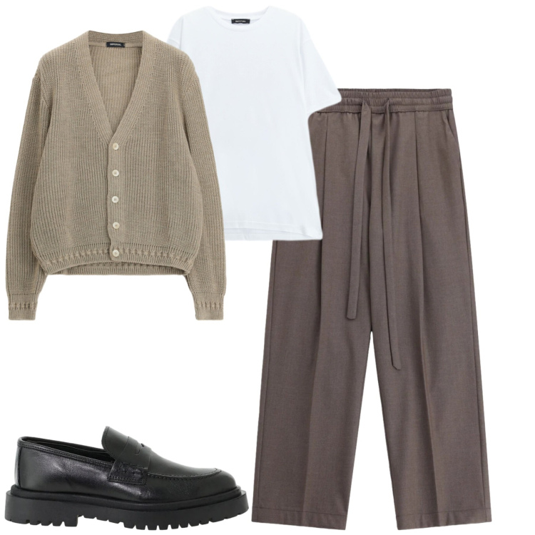 Outfit uomo - Smart casual. Stile Urban per Tutti i giorni. Abbinamento con cardigans, scarpe stringate, pantaloni, t-shirt.