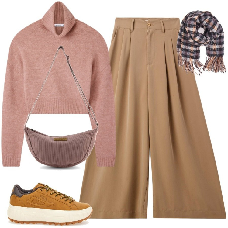 Outfit donna - Total look #2485038. Stile Casual per Scuola/Università. Abbinamento con maglieria, pantaloni, sciarpe, sneakers, borse a tracolla.