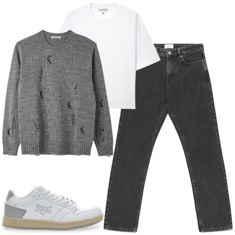Outfit uomo - Ottobre. Stile Casual per Tutti i giorni. Abbinamento con maglieria, jeans dritti, t-shirt, sneakers.