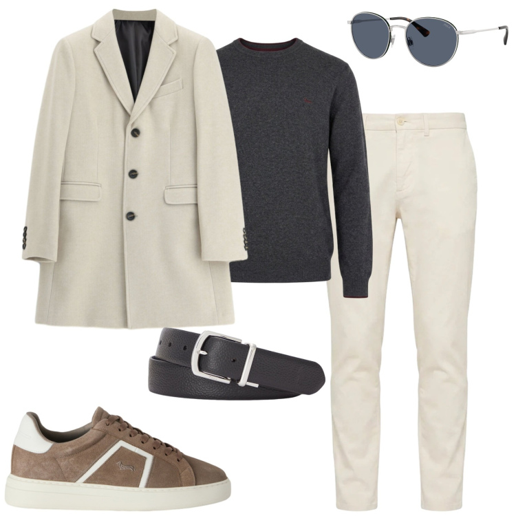 Outfit uomo - Light grey. Stile Urban per Tutti i giorni. Abbinamento con sneakers, maglieria, pantaloni, cappotti, occhiali da sole, cinture.
