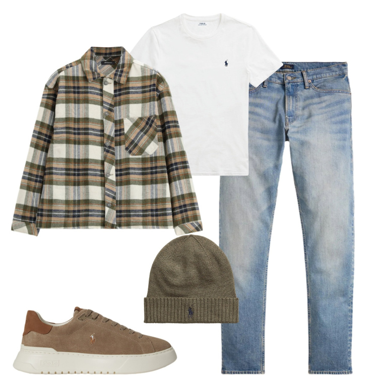 Outfit uomo - Weekend outdoor. Stile Casual per Tutti i giorni. Abbinamento con camicie, berretti, sneakers, t-shirt, jeans.