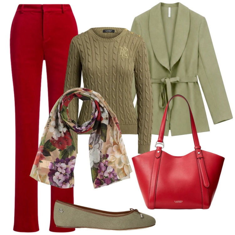 Outfit donna - Di giorno col rosso. Stile Basic per Tutti i giorni. Abbinamento con sciarpe, blazer, borse tote, ballerine, maglieria, pantaloni.