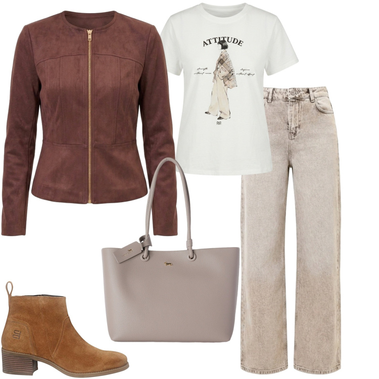 Outfit donna - Urban style. Stile Urban per Tutti i giorni. Abbinamento con shopping bag, jeans dritti, blazer, t-shirt, stivaletti.