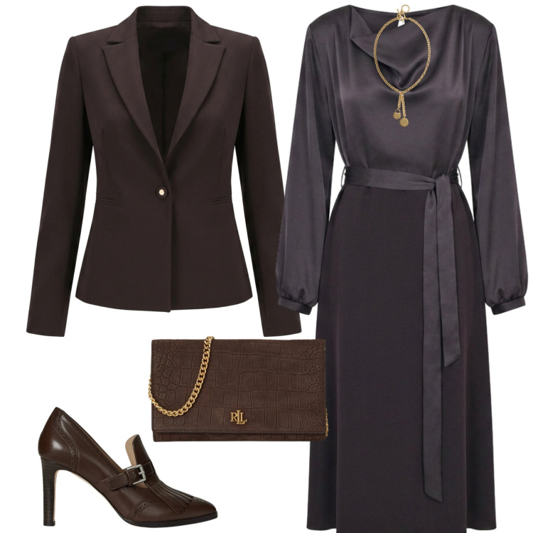 Outfit donna - Cerimonia ad ottobre. Stile Chic per Cerimonia. Abbinamento con ciondoli, borse a tracolla, décolleté, blazer, vestiti midi/longuette.