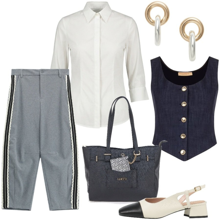 Outfit donna - Appuntamento di lavoro. Stile Chic per Ufficio. Abbinamento con orecchini, pantaloni, gilet, camicie, décolleté, shopping bag.