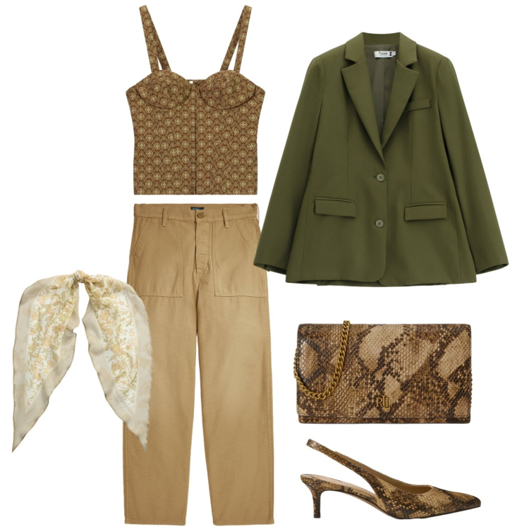 Outfit donna - Una calda domenica d\'ottobre. Stile Casual chic per Tutti i giorni. Abbinamento con top, blazer, foulard, décolleté, borse a tracolla, pantaloni.